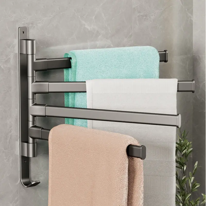 4-Arm Black Bathroom Towel Rack Hanger Holder Organizer Space aluminum Wall-Mounted Swivel towel rack