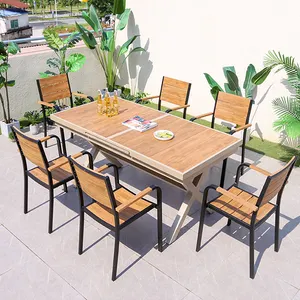 طاولات وكرسي خشبي عصري للطعام في الهواء الطلق في الحديقة والمطاعم، طاولة طعام خارجية في الفناء، مجموعة أثاث الفناء