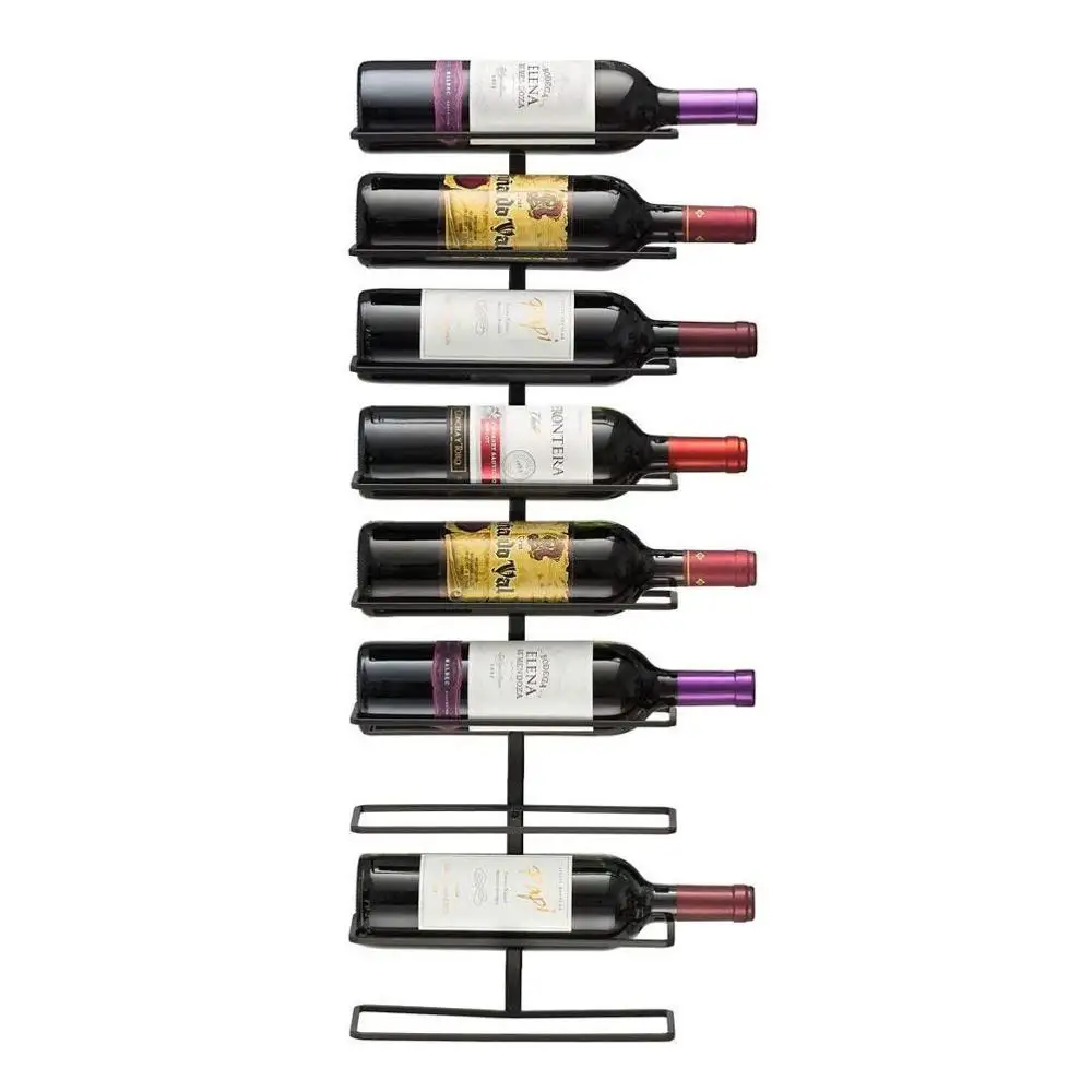 Personalizado negro 7 9 12 niveles soporte para botellas estantes de almacenamiento de vino de hierro Pantalla de Metal decorativo montado en la pared estante de vino