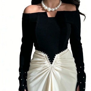 Robes de soirée élégantes pour femmes, à manches longues, plissées, bicolores, avec perles, tendance - Product Image 3