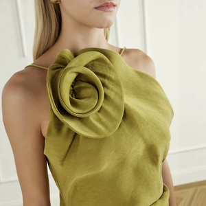 One Shoulder Silk Mini <b>Dress</b> With Flower <b>Applique</b> Bodycon Fit Elegant Party Wear Green - Product Image 3