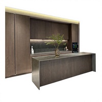 Comptoir d'accueil moderne de luxe avec finition en bois, îlot, terrasse, bar, armoire haute, cave à vin, armoire électrique