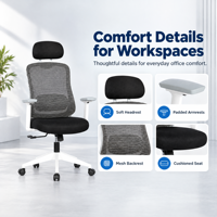 Chaise de bureau en maille avec appui-tête et accoudoirs rabattables, trois positions d'inclinaison et siège réglable en hauteur pour postes de travail de bureau