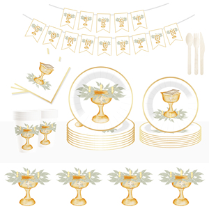 DAMAI - Juego de Platos de Papel, Servilletas y Mantel Desechables con Diseño de Flores Blancas para Comunión, Bautizo, Fiesta Infantil - Product Image 1