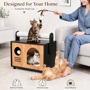 Maisonnette en bois pour chat avec griffoirs intégrés |   Condo pour chat en bois moderne, avec griffoirs et coussin lavable - Product Image 3