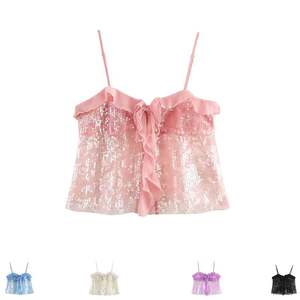 Débardeur court en tissu respirant uni pour femmes, style décontracté, bretelles spaghetti à paillettes, volant sur le devant, dentelle, longueur courte - Product Image 1