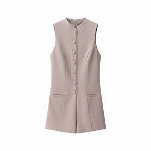 Mono Elegante de una Pieza para Mujer, Cuello Redondo, Botones, Sin Mangas, Color Caqui, Casual, Veraniego, Transpirable, Sólido, hasta la Rodilla, 100% Poliéster - Product Image 4