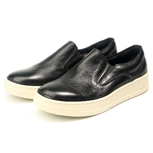 Slip-On <b>Sneakers</b> Men Genuine <b>Leather</b> Top-Grain Cowhide Casual Shoes Low Heel Elastic Band Leisure Solid Color Black - Product Image 5