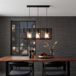 Suspension linéaire contemporaine à 3 lumières en cage de fer avec anneaux à bulles pour table à manger et comptoir de bar - Product Image 3
