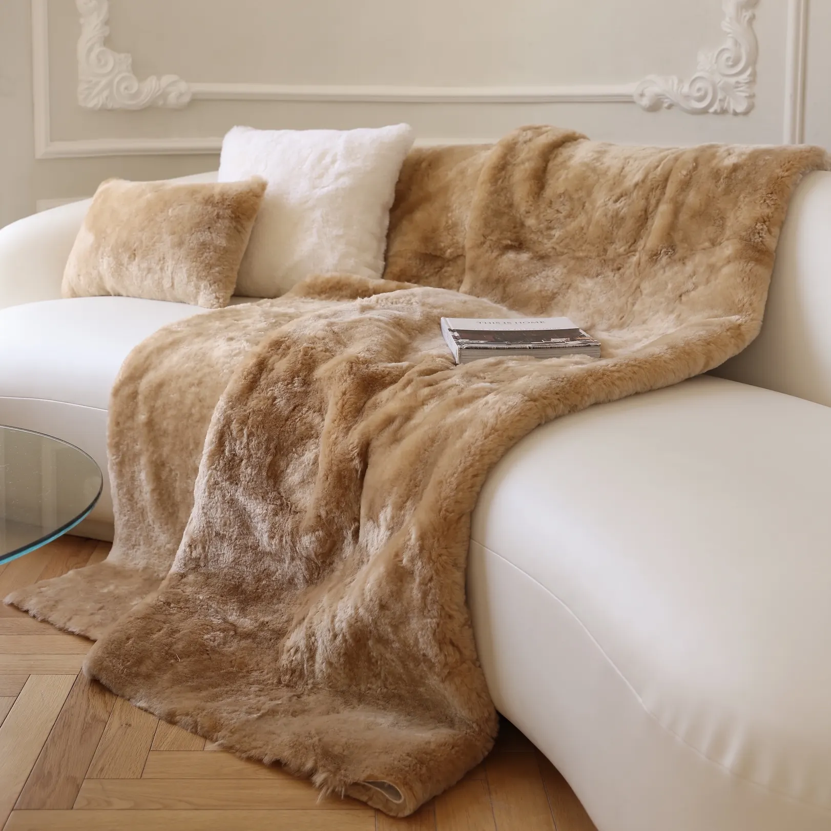 High end living room soft elegant genuine shearling sheepskin sofa pillow