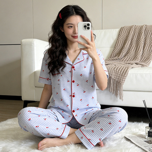 <span class=keywords><strong>Pigiama</strong></span> da Donna <span class=keywords><strong>a</strong></span> Maniche Corte con Stampa <span class=keywords><strong>a</strong></span> Quadretti Ciliegia, Nuova Collezione Primavera 2026, Casual e Confortevole - Product Image 6