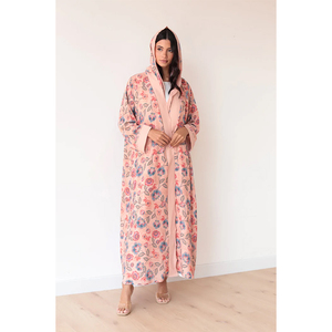LEDUO Ramadan <b>Eid</b> Casual Modest Wear Flower Print <b>Long</b> Sleeve Striped Hooded Open Muslim Abaya - Product Image 1