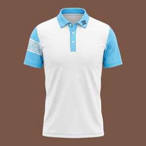 Men's White Blue Color Blocked Short Sleeve Polo Shirt With Logo On Left Sleeve Breathable Knitted Polyester Casual Style - Product Image 1