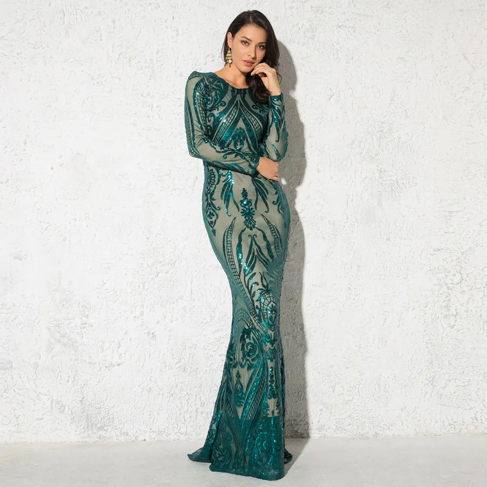Customized design Green Sequined Evening Party Dress Long Sleeve O Neck Floor Length Stretch Maxi Dress