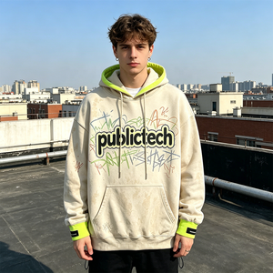 Customized Vintage Washed 430GSM Ribbed Hem Hoodie Letters Screen Print Hand Drawn Boxy Fit French Terry Pullover OEM Sweatshirt - Product Image 3