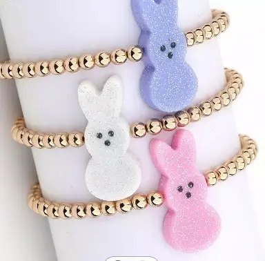 Newest Easter Day Kids Bunny Bracelet Handmade Gold Beaded Glitter Acrylic Bunny Kids Bracelets