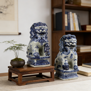 Décoration de salon en céramique écologique faite à la main, style Art déco, motif de lions de temple, porcelaine bleue et blanche - Product Image 1