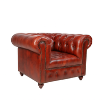 Canapé Chesterfield en cuir véritable |   Design industriel vintage |   Canapé simple en cuir de buffle fait main avec pieds en bois pour villa et hôtel