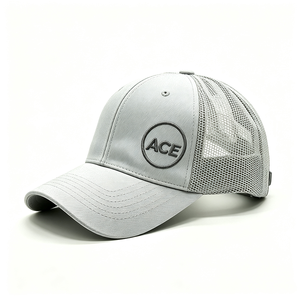 Custom Embossed ACE Circle Logo 6-Panel Trucker <b>Hat</b> <b>Light</b> Grey Polyester Front Mesh Back Adjustable Snapback Unisex Outdoor - Product Image 2