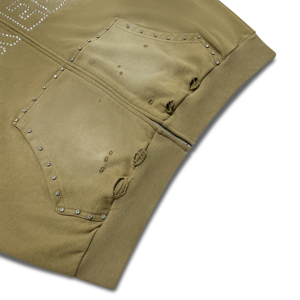 Men's Oversized Khaki Distressed Zip Up Hoodie Stud with Rhinestones Stained Glass Sleeve High Street Casual Vintage Sweatshirt - Product Image 6