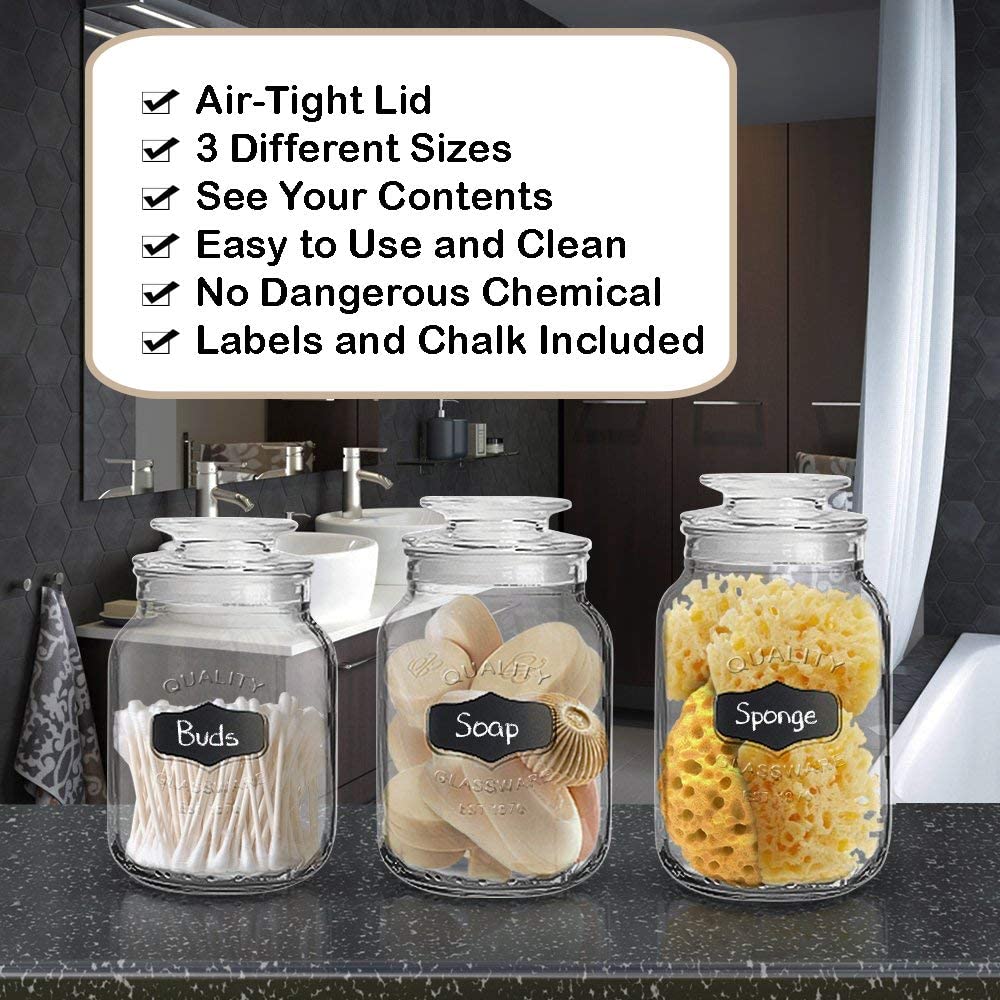 Glass Canister Set for Kitchen or Bathroom Apothecary Glass Food Storage Jars with Airtight Lid and Chalkboard Labels