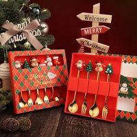 Coffret cadeau de Noël, ensemble de couverts, thème Père Noël en dessin animé, cuillères à café, fourchettes. Cadeaux de fête de Noël idéaux pour les réunions de famille.