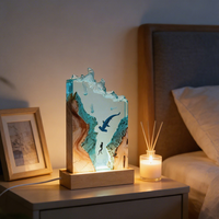 Lampe de chevet LED en résine époxy avec requin marteur et plongeur, motif vague océanique, base en bois, pour décoration intérieure – Vente en gros