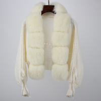 Cardigan en tricot de luxe pour femme, rouge, avec empiècements en fausse fourrure de renard, poignets à nouer, coupe courte, chaud pour l'hiver