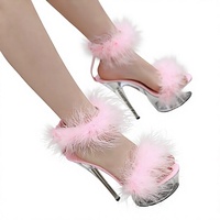 Sandales à plateforme transparentes à talons extrêmement hauts pour filles, avec plumes moelleuses, à lanières cheville, chaussures de pole dance exotiques 15 cm