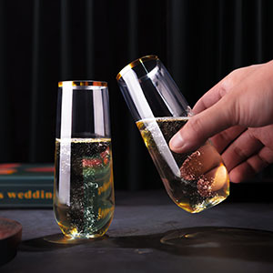 Copa de champán sin tallo de PET de 280 ml, irrompible, de plástico transparente, para bodas y fiestas, con borde dorado, 4 estilos - Product Image 3