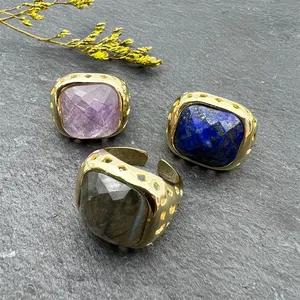 Hot Selling Purple Amethyst Stone Ring Cushion 18k Gold Plated Band Ring Semi Precious Gemstone Labradorite Lapis Lazuli Rings