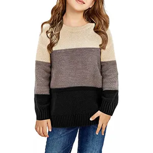 Spring Children Color Block Crewneck Long Sleeve Stripe Custom Cotton Wholesale Knitwear Sweater
