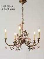 Lustre floral français d'inspiration vintage, lampe suspendue romantique européenne, rose rose