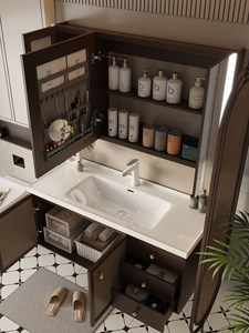 Vasque en céramique monobloc de style vintage avec armoire miroir intelligente, meuble-lavabo mural de salle de bain de style rotin - Product Image 3