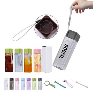Bouteille d'eau carrée personnalisée en plastique transparent 500 ml, portable, anti-fuite, pour le sport, avec logo - Product Image 1