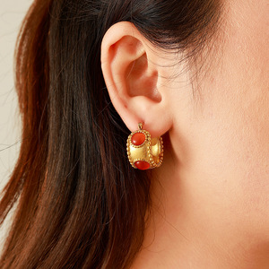 Hoop <b>Earrings</b> <b>Red</b> Agate Gold Plated Stainless Steel Party Jewelry Bohemian Style Geometric Design - Product Image 2