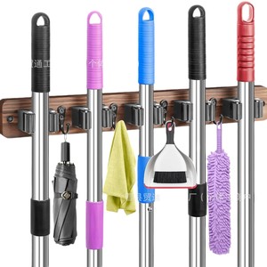 Wall Mounted Wooden Broom Holder Hook <b>Storage</b> Rack Heavy Duty For <b>Laundry</b> Room Home <b>Organization</b> Mop Rack - Product Image 2