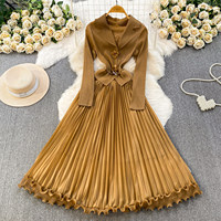 Robe élégante pour femmes, style doux, col tailleur, jupe longue plissée à volants 3D, robe élégante, robes décontractées