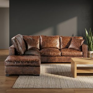 Industrial & Vintage Solid Wood & Genuine Leather Three-Seater Reclining Corner <b>Sofa</b> for Home Apartment and Villa <b>Living</b> <b>Room</b> - Product Image 2