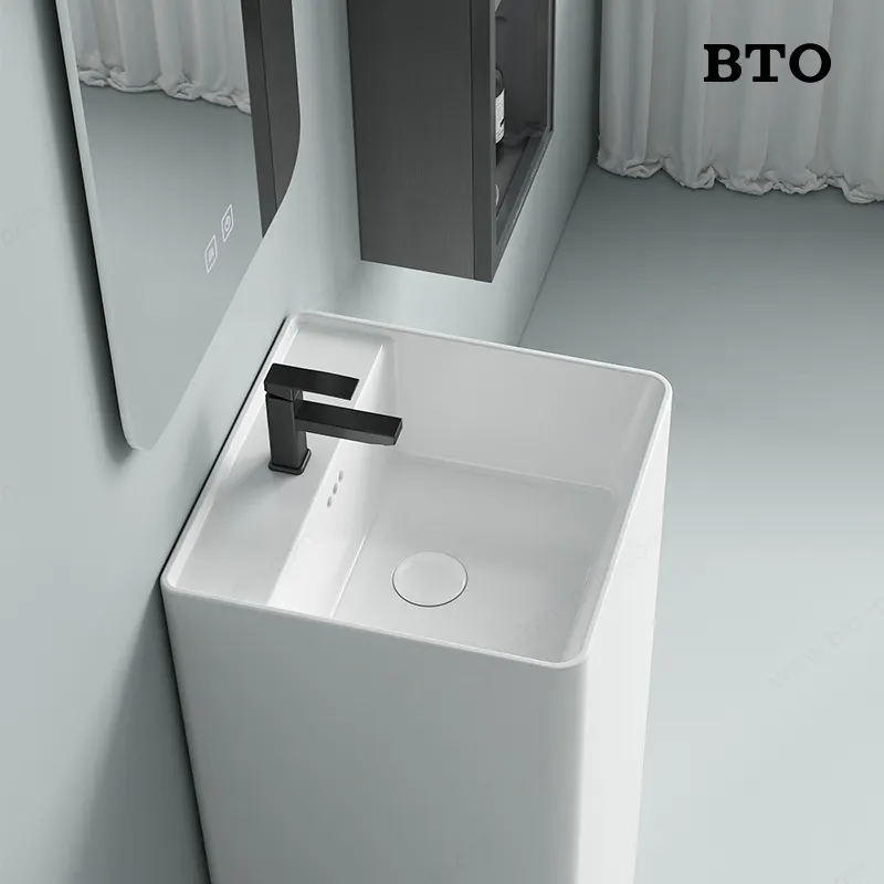 BTO Hotel luxury freestanding one piece sanitary ware glossy white wash basin bathroom ceramic pedestal sink basin