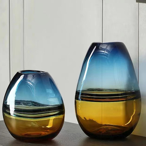 Luxury Blue <b>Amber</b> <b>Glass</b> Table Vase Handmade Flower Vessel Scandinavian Decorative Centerpiece for Wedding Home Decor - Product Image 1