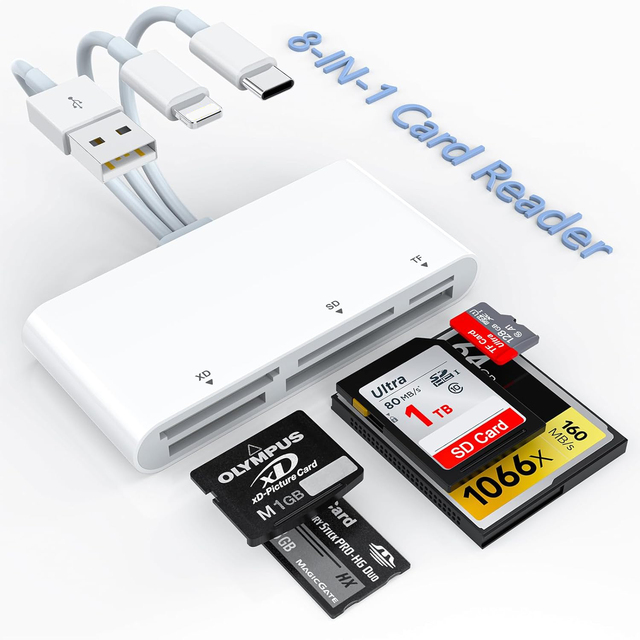 9-in-1 Memory Card Reader Universal Card Reader, CF/SD/TF/MS/XD Card Reader with USB/USB-C/Lighting Connector