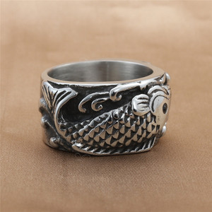 European American Style <b>Titanium</b> Steel Fish Wave <b>Ring</b> Men's Punk Retro Jewelry Gift Silver Color - Product Image 1