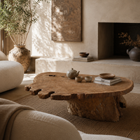 Mesa de Centro de Madera Sólida Wabi Sabi, Irregular, Hecha a Mano con Borde Natural de Tronco de Árbol, para Sala de Estar