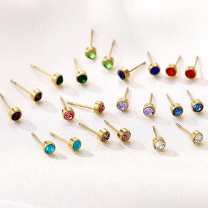 Birthstone <b>Stud</b> <b>Earrings</b> | 18K PVD Gold Plated Stainless Steel Round <b>Crystal</b> <b>Earrings</b> | Waterproof Hypoallergenic & Non Tarnish - Product Image 3