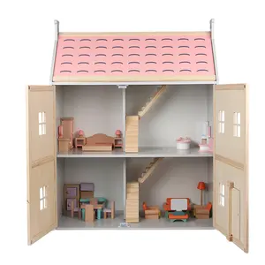 Hot Sale Wooden Double Storey Villa Set Pretend Play Big Doll House Toys For Kids