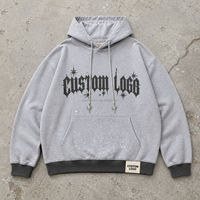 Sweat à capuche gris personnalisé pour homme avec motif étoile et lettres gothiques et ourlet côtelé foncé, style streetwear, usine OEM ODM