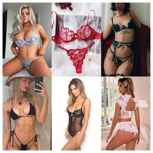 Conjunto de lencería sexy de encaje para mujer, sujetador con aros, tanga, ligueros, estampado floral, body transparente con aberturas, disfraz de lencería - Product Image 3