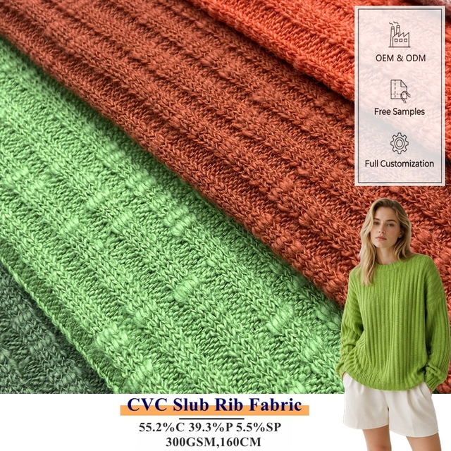 Heavyweight Ribbed Cotton Polyester Stretch Knit 300gsm CVC Thick Slub 3*3 Rib Fabric for Winter Sweater Tops