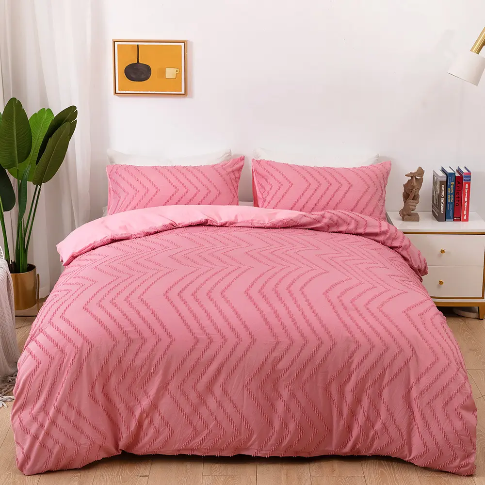 Nature Set seprai kain katun serat mikro, Set selimut penutup tempat tidur ukuran King bergelombang 3DTufted Pink Percale